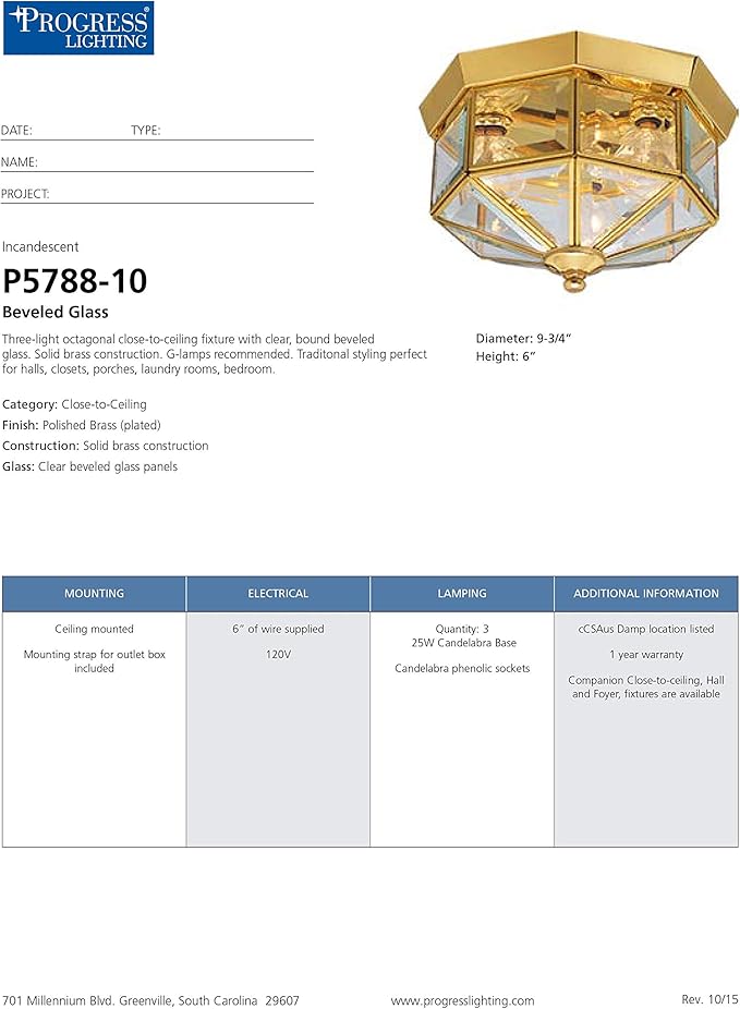 Progress Lighting 3-Light Beveled Glass 9-3/4" Close-to-Ceiling, Indoor, P5788-10, Polished Brass