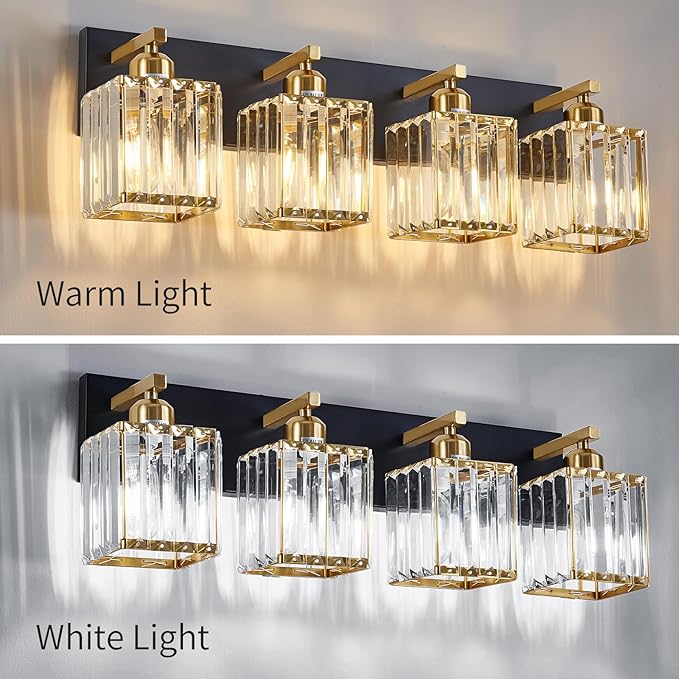 Modern Crystal Bathroom Vanity Light 4-Lights Modern Black Gold Crystal Bathroom Wall Light Over Mirror Vanity Light Fixtures