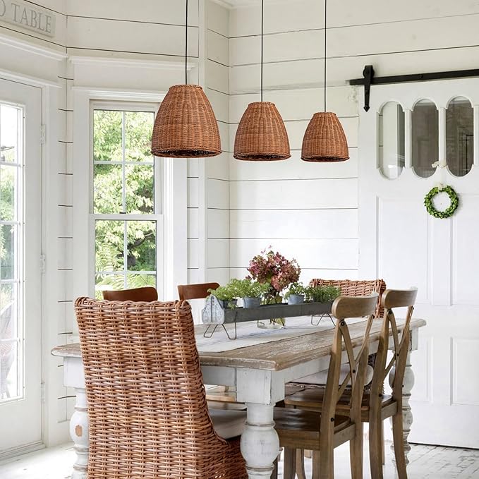Dark Curry Rattan Pendant Light,13.77" Rustic Hanging Light 1-Pack Brown Wicker Pendant Light Hand-Woven Rattan Chandelier for Public Place Dining Living Bedroom Kitchen Farmhouse