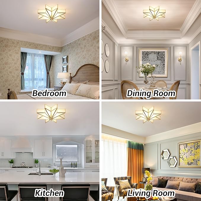 Star Glass Ceiling Light with Ceramic Light Socket Brass Flush Mount Ceiling Light Fixture with Frosted Glass Shade Mid Century Moravian Star Light for Bedroom Foyer Living Room (19.7")
