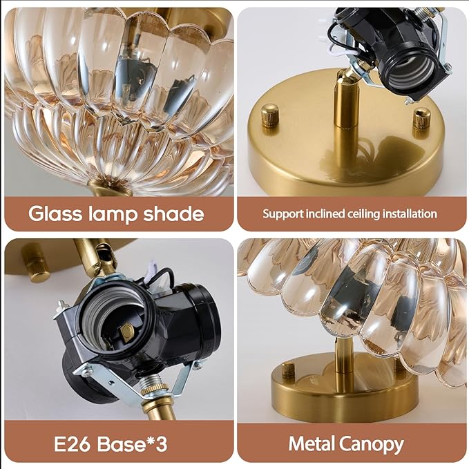 Semi Flush Mount Ceiling Light, 12 Inch Vintage Gold Fixture with Amber Glass Shade, 3-Light Close to Ceiling Lighting for Hallway, Entryway, Bedroom, Bathroom，Kitchen, Mid Century Modern