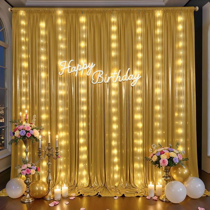 Outpain 10x10ft Gold Sequin Backdrop Curtains with Light -Lighted Up Gold Photo Backdrops with Non-Shedding Glitter, Wrinkle-Free Drapes for Wedding/Christmas/Studio (5x10ft 2 Panels)