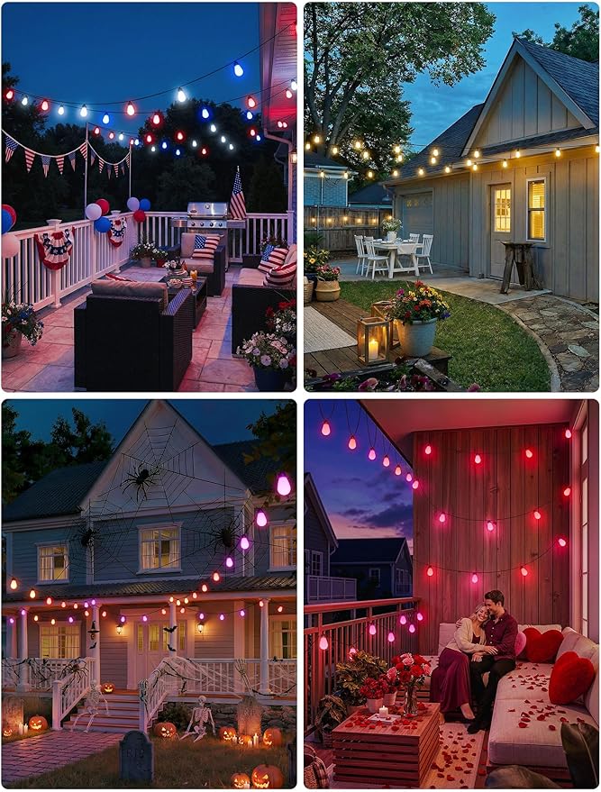 woohaha Outdoor String Lights,45(37+8) FT Smart RGB+IC+Warm White Outdoor Patio Lights with 19 Dimmable LED Bulbs, IP65 Color Changing Light with APP Control&2.4G Remote,for Outside Backyard Decor