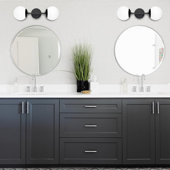 KoKo&Yukina Mid Century Modern Bathroom Matte Black Bathroom Vanity Light Fixtures Globe Sconce 2 Light Vanity Light Milky White Vanity Light Mid Century Wall Sconce