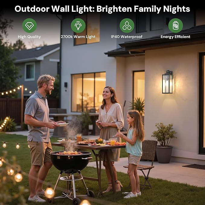 DORESshop Large Size Dusk to Dawn Outdoor Wall Lights, 16 Inch Matte Black Waterproof Anti-Rust Outdoor Light Fixtures Wall Mount with Water Ripple Glass Shade for Porch, Garage, ETL Listed, 2 Pack