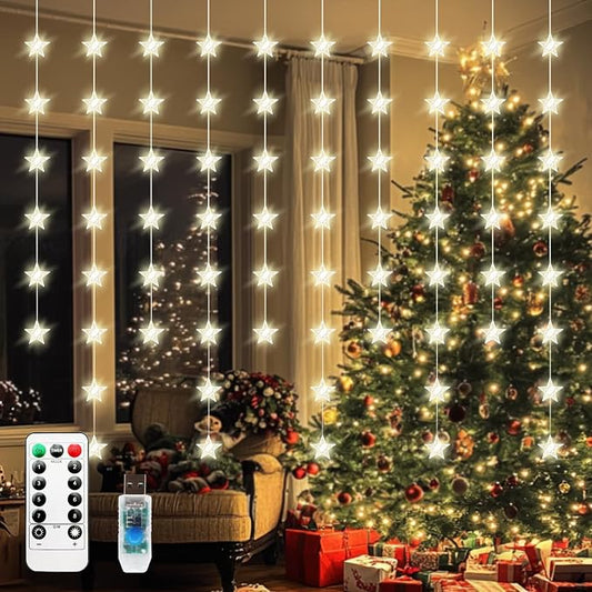 Star Curtain Lights, Warm White Window Lights 70 Stars Hanging Light with Remote Fairy Led Twinkle String Lights Home Bedroom Wall Ceiling Décor for Christmas, Wedding, Party, Birthday