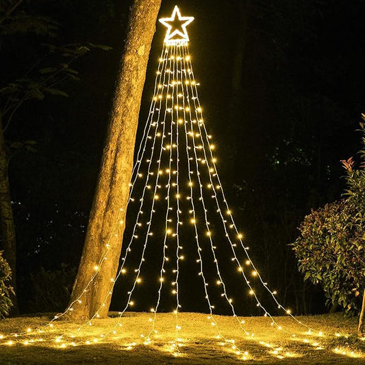 Waterfall Christmas String Lights with 317 LED Star Hanging Twinkle Fairy Curtain Lights for Party Wedding Patio Indoor Outdoor Decorative Water Flow Lights