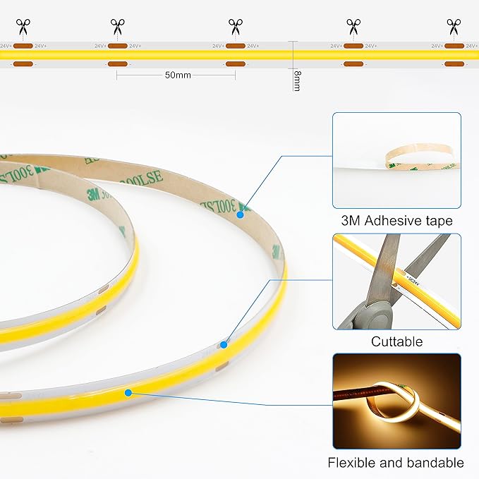 AXMOTUT COB LED Strip Light Warm White 24.6FT, High Bright LED Strips with 2400LEDs, RF Remote and UL Power Supply, 3000K Dimmable LED Lights for Bedroom, Kitchen, DIY Home Decoration