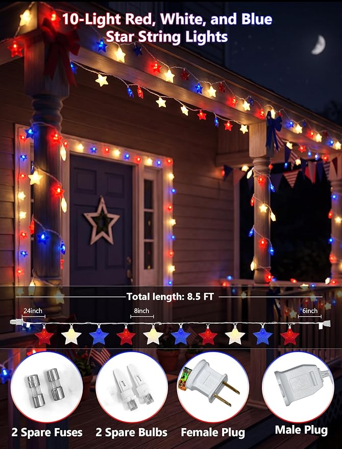 10 LED Red White Blue Star String Lights Outdoor, 8.5Ft 4th of July Decorations Lights Waterproof, Connectable Plug in Patriotic Star Fairy Lights for Home Patio Independence Day Memorial Day Flag Day