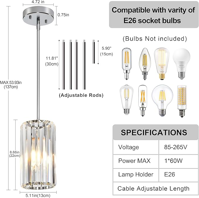 3-Pack Chrome Pendant Light Fixtures, Crystal Kitchen Pendant Lighting Over Island,Mini Modern Pendant Lights for Kitchen Island, Dining Room, Hallway, Foyer, Entryways