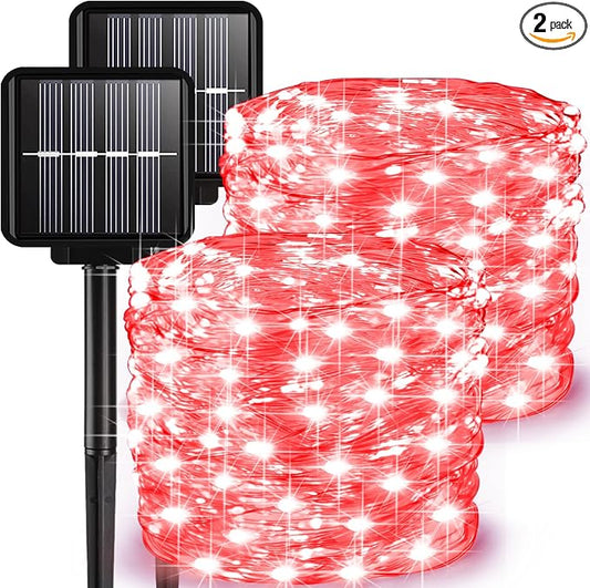 2 Pack Solar Fairy Lights Outdoor, 33 Feet 100 LEDs 8 Modes String Lights for Outside, Waterproof Outdoor Light for Patio Yard Christmas Tree Halloween Wedding Party Decorations, Red