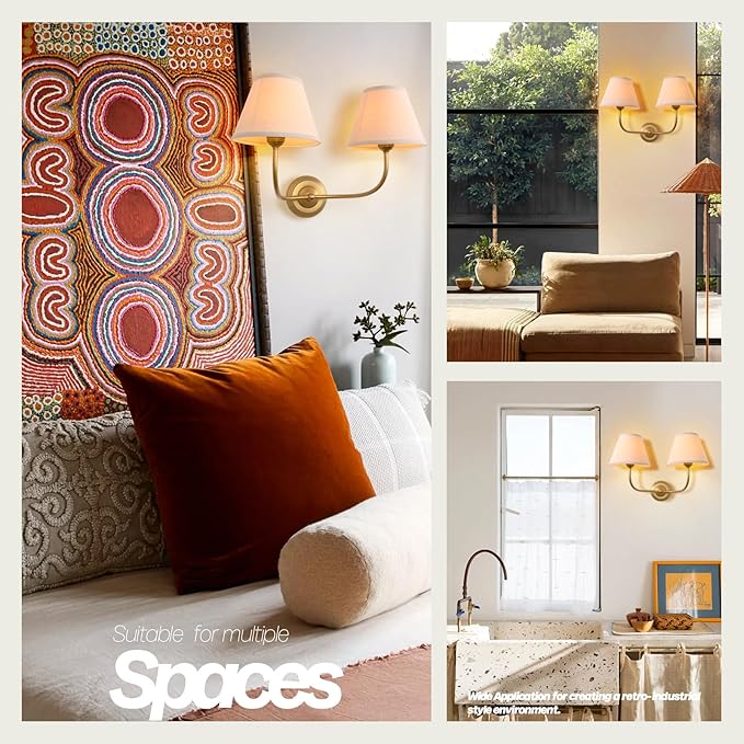 Vintage 2-Lights Fabric Sconces Wall Lighting with 8.66" Diam Linen Cloth Shade, Double Arm Wall Lamp Fixture for Living Room Bathroom Bedroom Hallway