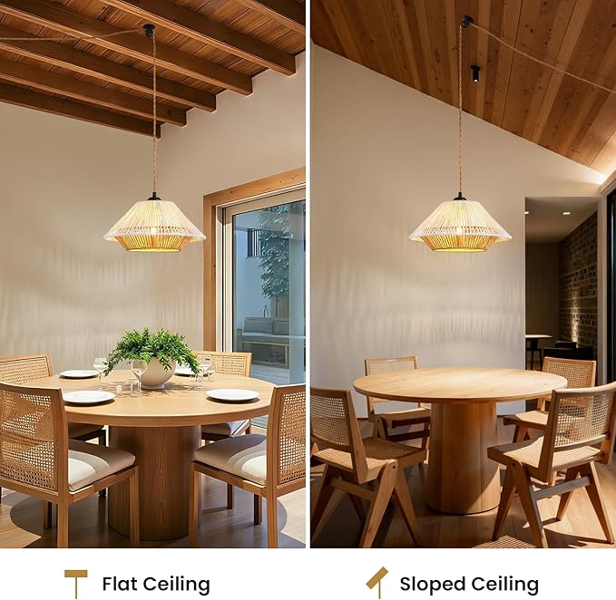 Epinl Boho Plug in Hanging Light - 12.7 Inch Rattan Plug in Pendant Light Dimmable Wicker Bamboo Woven Lampshade Hanging Lamp for Bedroom Living Room Farmhouse