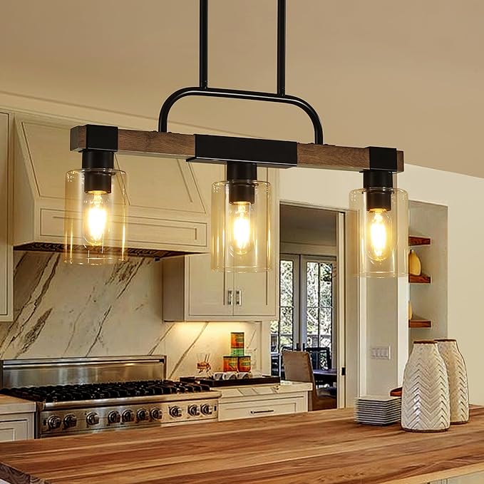 Farmhouse Dining Room Light Fixtures Over Table，Rustic Ceiling Pendant Lights Kitchen Island，3-Light Wood Kitchen Island Lighting Linear Chandelier with Clear Glass lampshade