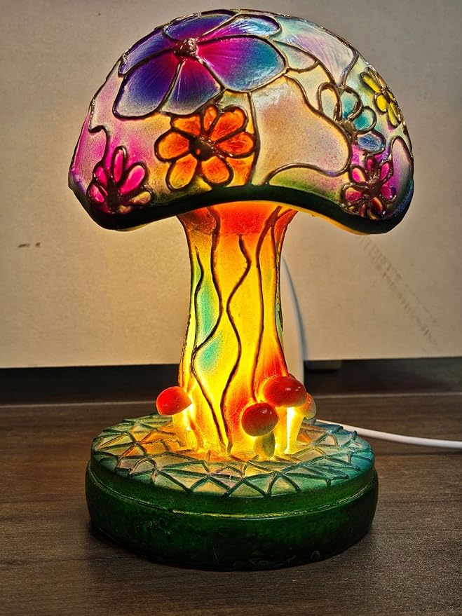 Painting Mushroom Table Lamp,5.9 Inch High Stain Plant Series Night Light, Bohemian Resin Mushroom Decoration Bedside Lamp Bedroom Living Room Home Office Decoration Gifts (15CM)