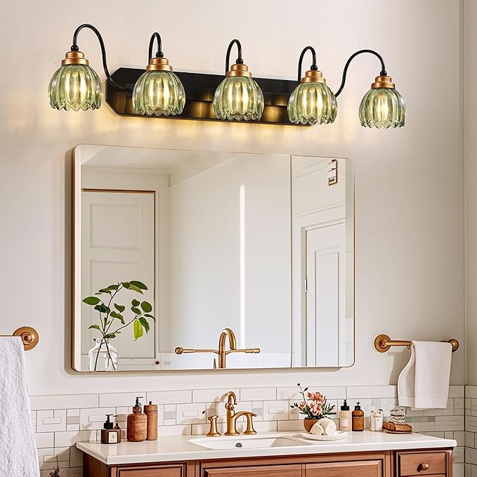Vintage Bathroom Vanity Light, 5 Light Bathroom Lighting Fixtures Over Mirror, Mid Century Style Farmhouse Light Fixtures with Green Glass Shades, Black Finish Wall Mount for Bedroom , Living Room