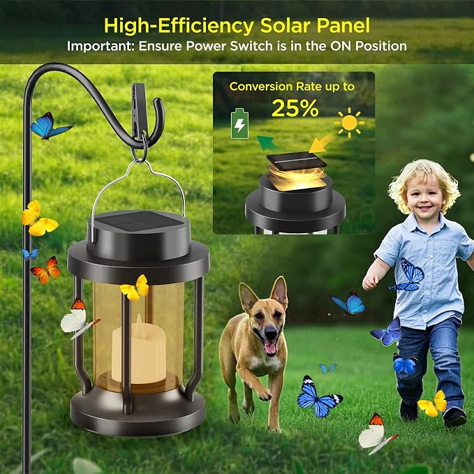Solar Lantern Outdoor & Indoor Use – Hanging Solar Lights with Realistic Flickering Flameless Candle, Weatherproof for Gardens, Patios, Trees, and Lawns (Black + Amber, 1 Pack)