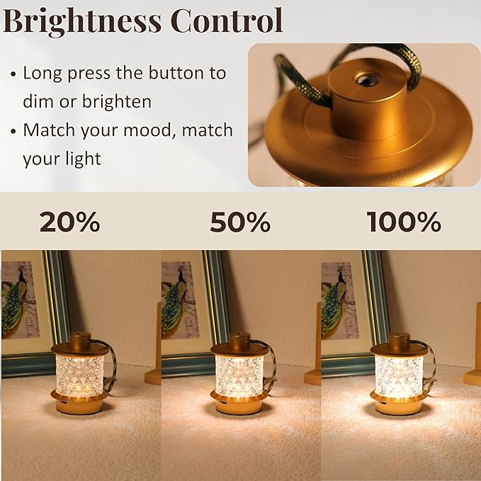 HAPYGI Portable Lantern Table Lamp - Dimmable Cordless Night Light with 3 Color Temperatures, Rechargeable Metal & Glass Outdoor Indoor Lamp for Patio Bedroom Bathroom Decor (Gold)