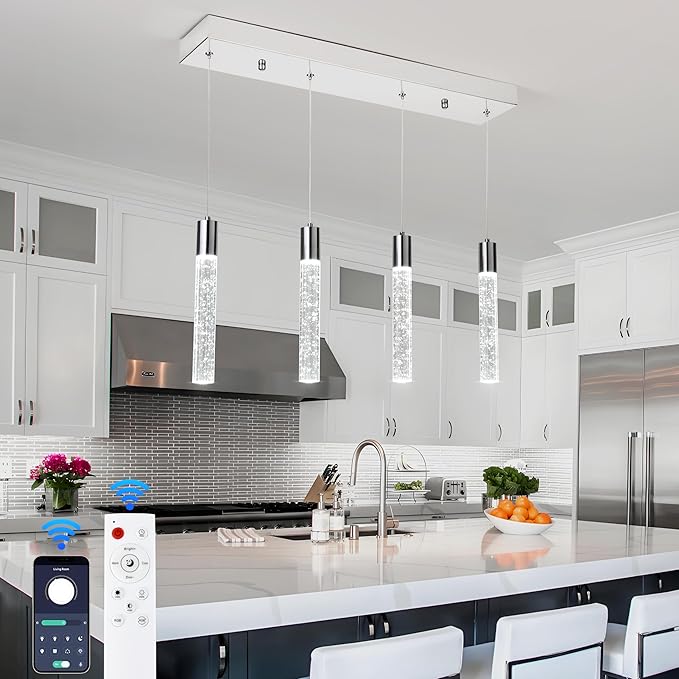 4-Light Chrome Integrated Crystal Pendant Chandelier,Dimmable LED Ceiling Light with Adjustable Height for Kitchen Island, Dining Room & Bedroom 3000K -6000K