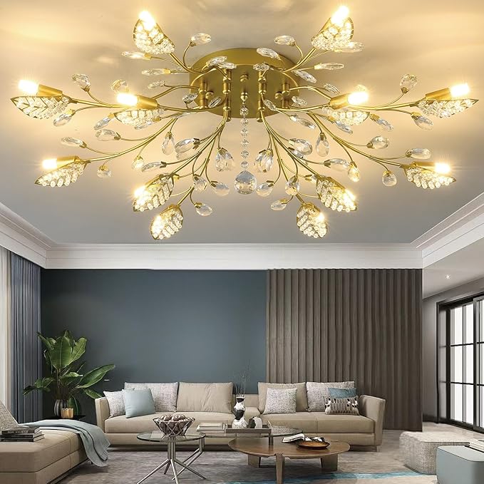 Crystal Flush Mount Ceiling Light,Semi Flush Mount Chandeliers,Crystal Leaf Ceiling Light, Chandeliers for Dining Room,Living Room,Bedroom