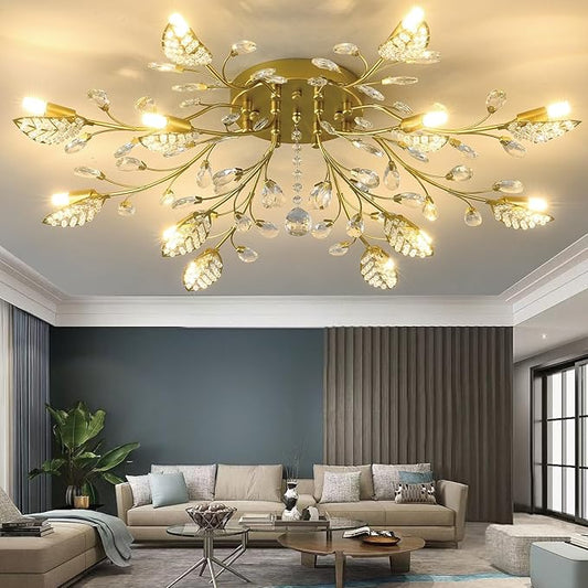 Crystal Flush Mount Ceiling Light,Semi Flush Mount Chandeliers,Crystal Leaf Ceiling Light, Chandeliers for Dining Room,Living Room,Bedroom
