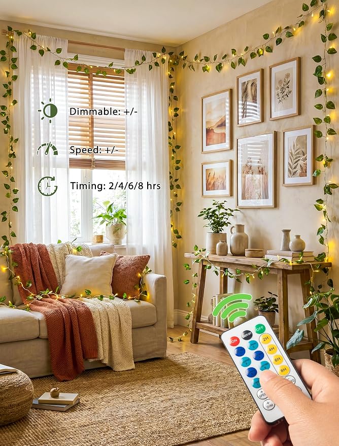 Vine with Fairy Lights,23FT 73LED Ivy Leaves String Lights Plug in,Twinkle Fake Pothos Garland Lights Indoor Outdoor for Bedroom,Dorm,Ceiling,Spring,Wedding,Birthday,Wall Decor(Warm White)