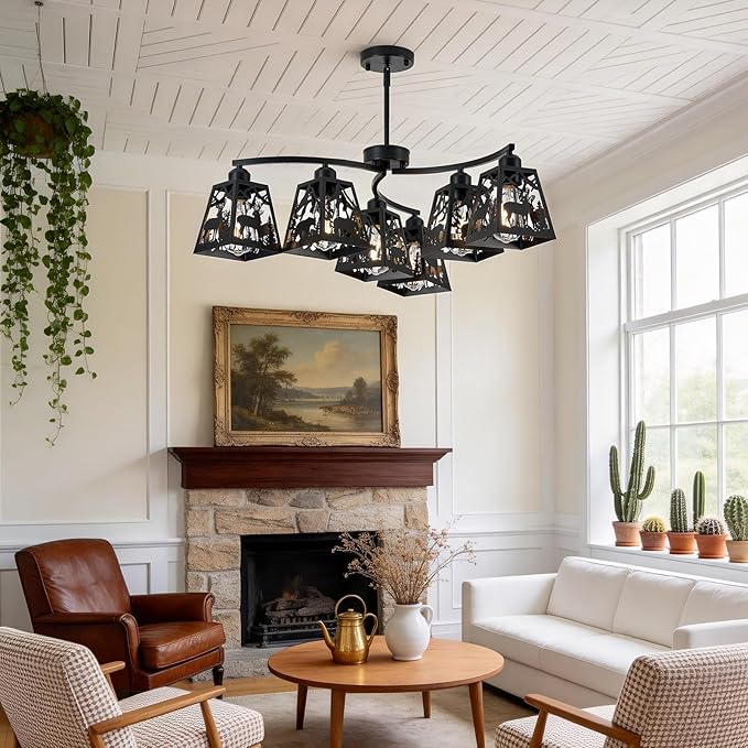 Rustic Semi-Flush Mount Ceiling Light Fixture,6-Light Adjustable Height with Rotation Arm Black Fixtures for Kitchen, Hallway, Living Room, Industrial Style with Deer, Bear, Tree Design