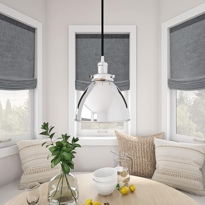 Henn&Hart 8'' Industrial Dimmable Pendant Light Fixture with Polished Silver Metal Dome Shade and 8' Adjustable Cord for Kitchen Island, Dining Room or Game Room, Polished Silver