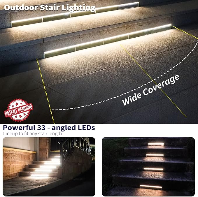 SHONELIGHTING Solar Step Lights for Outside, 33 Focused-Beam High-Brightness LEDs, Waterproof Aluminum Outdoor Stair Light for Risers, Curbsides, Poolsides, Planter Edges (Warm White, 1Pack)