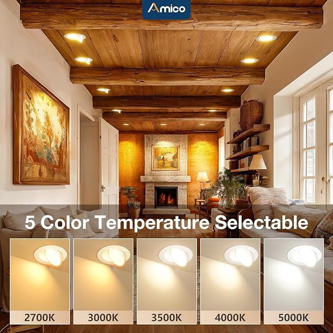 Amico 6 Pack 6 Inch 5CCT Gimbal LED Recessed Lighting, 360°&90° Adjustable Eyeball Directional Downlight, Dimmable, 2700K/3000K/3500K/4000K/5000K Selectable, CRI90+ 12W 1200LM, ETL&FCC