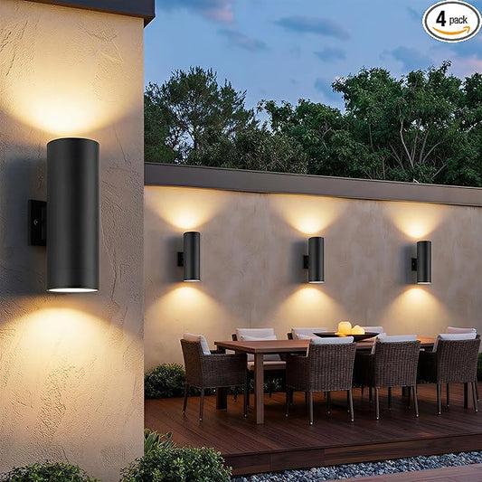 mirrea 14" Modern Outdoor Porch Light Patio Light in 2 Lights with Aluminum Cylinder and Tempered Glass Cover Waterproof Wall Sconce 4 Pack (Matte Black)