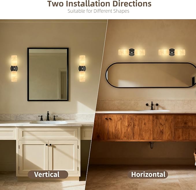 Alabaster Wall Sconce, Solid Brass Bronze Finish Sconce with Natural Spanish Alabaster, 14.4 in Bathroom Vanity Lights, Hardwired Wall Lamp for Bedroom Hallway Staircase, G9 LED Bulb