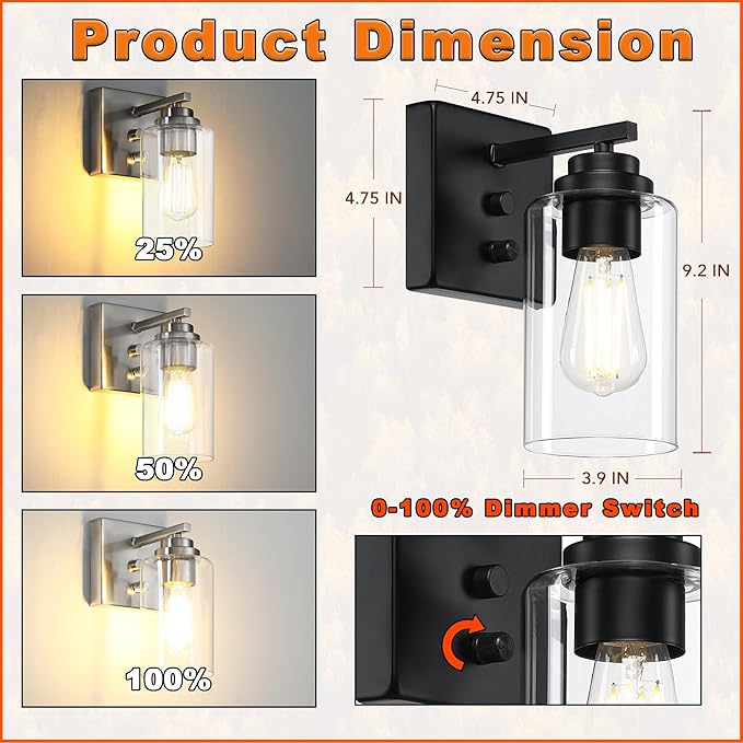 Loyareal Wall Sconces Set of Two, Wall Mounted Bedside Lamps with Rotary Switch, Matte Black Sconces Wall Lighting, Bathroom Light Fixtures with Clear Glass Shade, Wall Lights for Bedroom Living Room