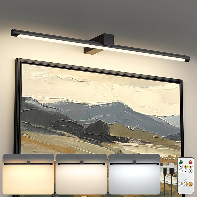 Bridika Metal Picture Light for Wall 23.6inch, Battery Operated Art Light for Paintings Wireless with Remote & Timer, 3 CCT, Dimmable Wall Lights for Picture, Gallery, Artwork, Portrait Black 1