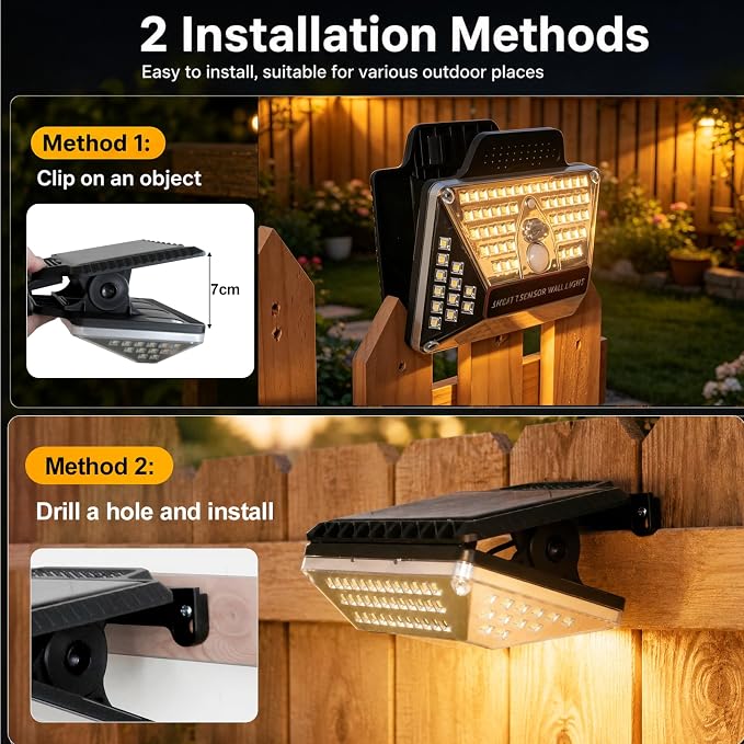 USB & Solar Powered Clip-on Lights, Waterproof 110 LEDs 600 LM Motion Sensor Outdoor Lights, 3 Lighting Modes, Easy to Install Solar Wall Lights for Fence, Deck, Patio & Porch (2-Pack)