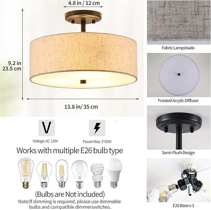 13.8 Inch Semi Flush Mount Ceiling Light Fixture, 3-Light Modern Farmhouse Drum Pendant with Fabric Shade for Bedroom Hallway Entryway Living Room (Oatmeal+Black)