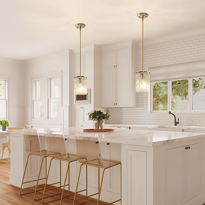 Modern Gold Pendant Light, Round Handmade Glass Kitchen Island Lighting, Mini Brushed Brass Cylinder Hanging Light Fixture for Dining Room Bedroom Hallway