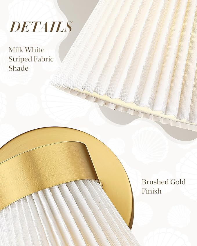 Fabric Bathroom Light Fixture, HWH 1-Light Sconce Wall Lighting with Milk White Striped Fabric Shade, Brushed Gold Finish, Modern Vanity Lights for Bathroom Bedroom, 5HZG97B BG-FB