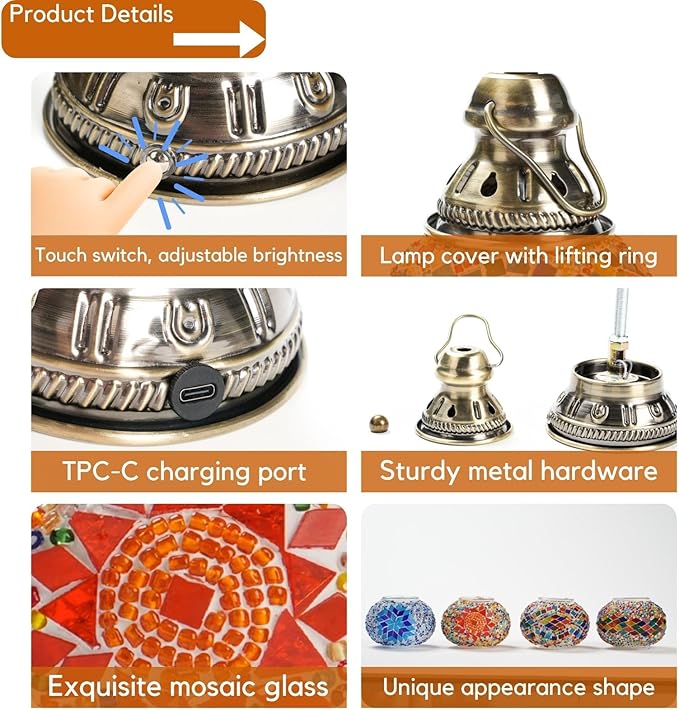 Upgraded Rechargeable Turkish Mosaic Lamp - Handmade Moroccan-Style Camping Light with 1800mah Battery, USB Power Bank, Touch Switch & 3 Brightness Levels, 10.5cm Lampshade Sizes