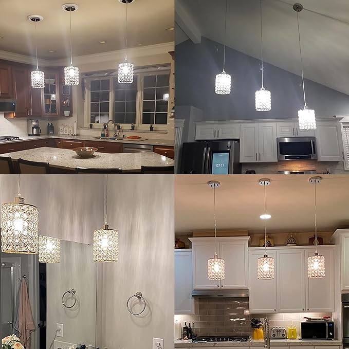 2 Pack Modern Chrome Crystal Pendant Lighting, Adjustable Pendant Light Fixture for Kitchen Island Dinning Room Bedroom Silver