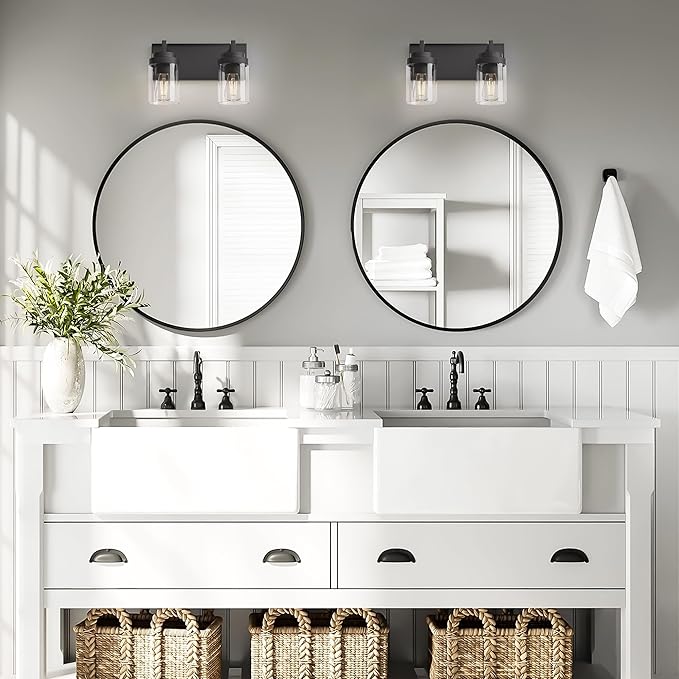 Espird Bathroom Vanity Fixtures, 2 Light Matte Black Vanity Light with Clear Glass Shade, 15in Farmhouse wall Light, Lighting Fixture Over Mirror for Bathroom