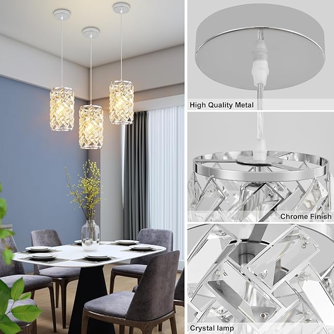 Biewalk Chrome Pendant Light Fixtures Modern Chrome Pendant Lighting Crystal Chandeliers Adjustable Pendant Light Fixture for Kitchen Island Dinning Room Corridor Bedroom