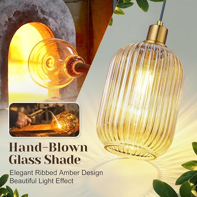 1 Pack Pendant Lights with Vintage Amber Ribbed Glass Lampshade, Adjustable Brushed Gold Pendant Lights Fixtures for Kitchen Island Lighting Sink, Dining & Living Room Hallway (Bulbs Not Included)