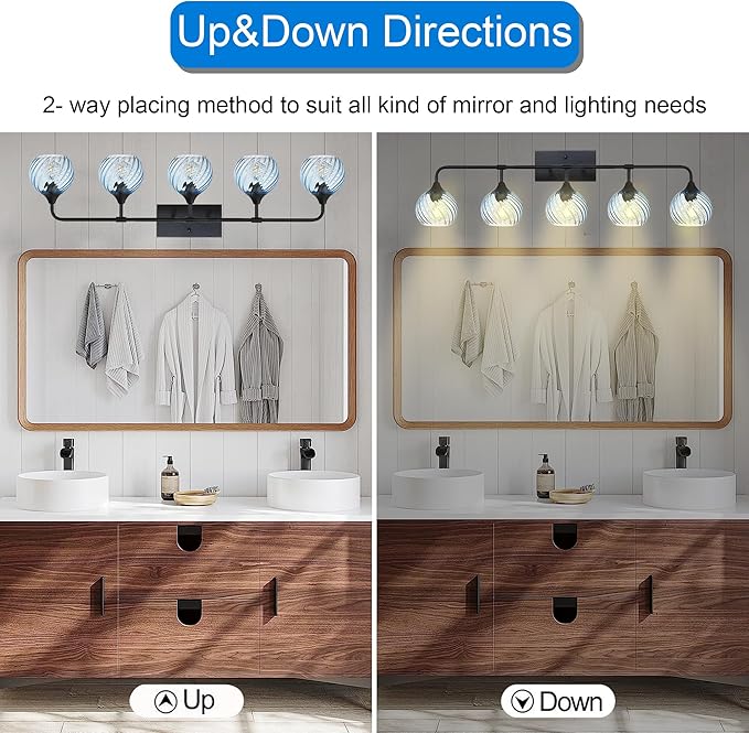 MELUCEE 5-Light Bathroom Light Fixtures 42 Inches, Matte Black Vanity Lights with Blue Striped Swirl Glass Shade, Mid-Century Modern Bathroom Vanity Light Over Mirror