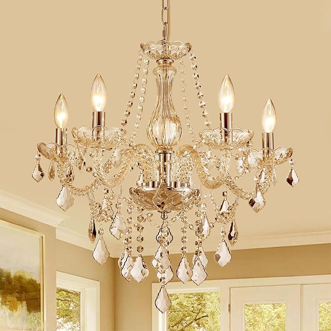5-Light Modern Candle Crystal Glass Chandelier Pendant Ceiling Lighting Fixture for Dining Room Kitchen Hallway Living Room Bedroom Bar Closet, 23" Chrome Contemporary Elegant Lamp