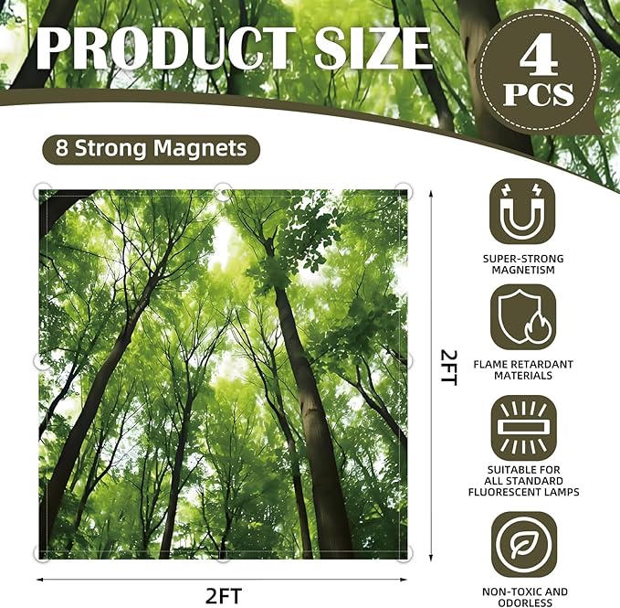 ANGSYLTH 2 x 2 Feet Fluorescent Light Covers - 4 Pcs Covers for Ceiling Lights, Magnetic Light Filters for Classroom, Office, Hospitals, Home (Spring & Forest)