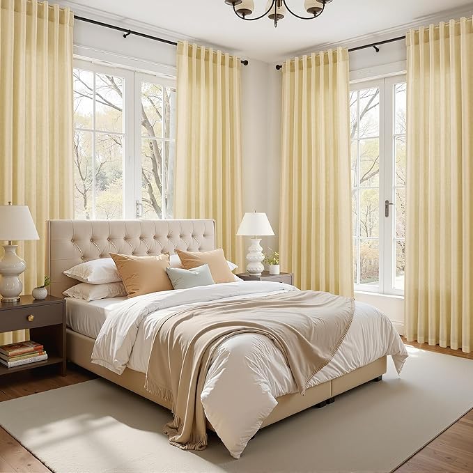 Nanspring Cream Yellow Curtains 108 Inches Long for Living Room Linen Light Filtering Modern Farmhouse Sheer Curtains Back Tab Floor to Ceiling High Window Curtain for Bedroom Office 52x108, 2 Panels