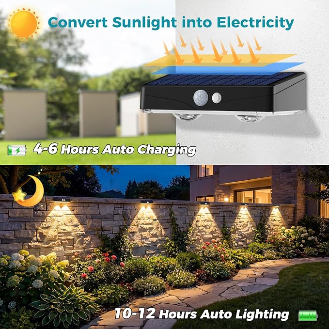 kolpop Warm White Solar Fence Lights Outdoor,Fence Lights Solar Powered with Motion Sensor,IP65 Waterproof,3 Modes LED Solar Lights for Patio,Backyard,Railing,Wall,Nighttime,Party,Pool,6 Pack