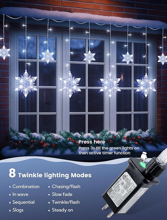 Snowflake Icicle Lights,8.2ft 144LED Curtain Fairy Light with 12 Drops,Connectable 8 Mode Timer Snowflake Christmas Lights Plug in for Bedroom,Window,Wedding,Indoor Outdoor Xmas Decor,White