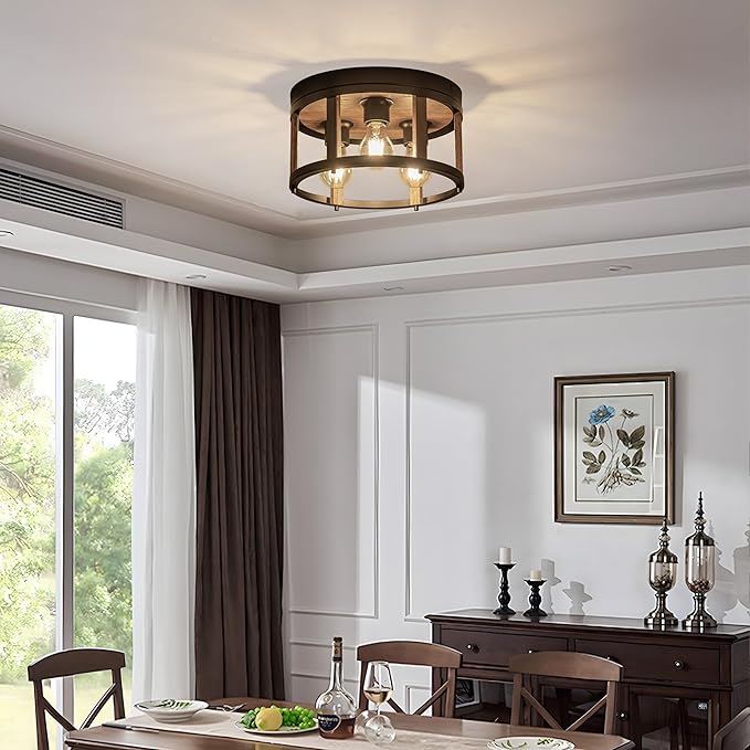 MAYNA 3-Light Retro Farmhouse Flush Mount Round Vintage Metal and Wood Ceiling Light Fixtures, Rustic Ceiling Lamp for Kitchen, Hallway, Entryway, Bedroom, Dining Room